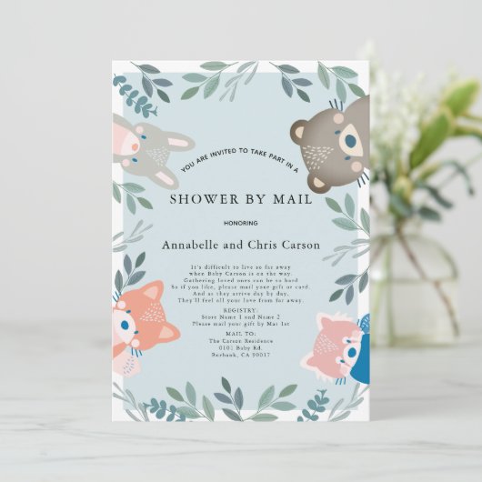 ウッドランド・アニマルズ青い男の子の赤ちゃんシャワー（郵便） 招待状 (スタンド正面)