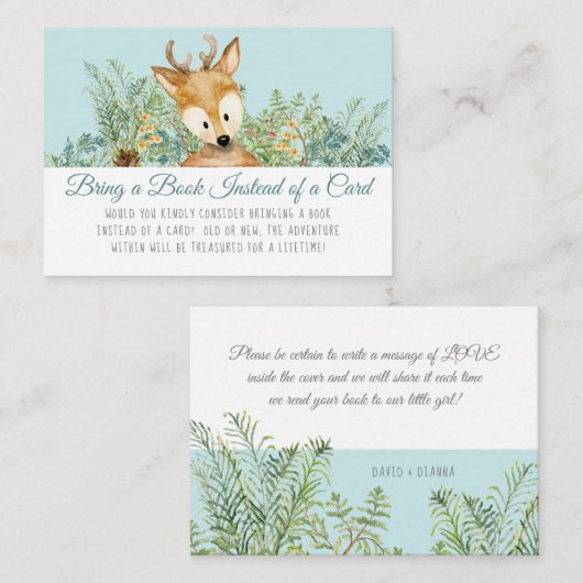 ウッドランド・アニマルズ鹿男の赤ちゃんが本を持ってくる エンクロージャーカード (正面/裏面)