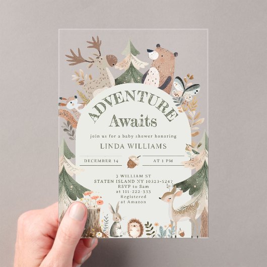 ウッドランド・アニマルズ・アドベンチャーが赤ちゃんのシャワーを待つ アクリル招待状 (インサイチュ (ポータブル))