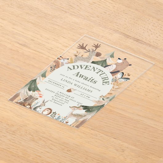 ウッドランド・アニマルズ・アドベンチャーが赤ちゃんのシャワーを待つ アクリル招待状 (レイダウン)