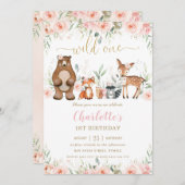 ウッドランド アニマルズ ブラッシュ フローラル 1歳の誕生日 招待状 (正面/裏面)
