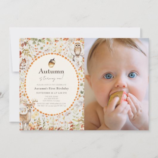 ウッドランド・アニマルズ・マッシュルーム1st誕生日の写真 招待状 (正面)