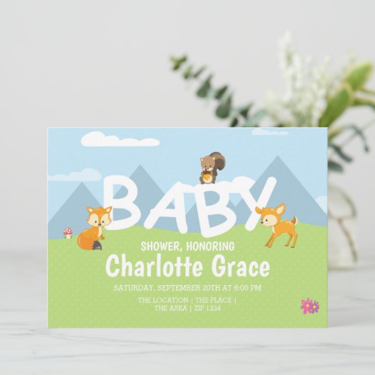 ウッドランド・アニマルユニセックスズかわいい赤ちゃんシャワー 招待状 (スタンド正面)