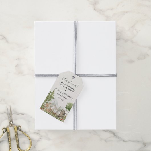 ウッドランド・アニマル・アドベンチャーが赤ちゃんのシャワーを待つ ギフトタグ (より糸付き)