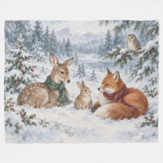 ウッドランド クリスマス シカ キツネ ウサギ フクロウ フリースブランケット