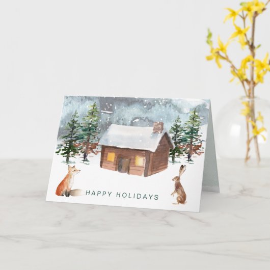 ウッドランド·クリスマス、動物たちがグリーティングカードを折りたたむ カード (黄色い花)