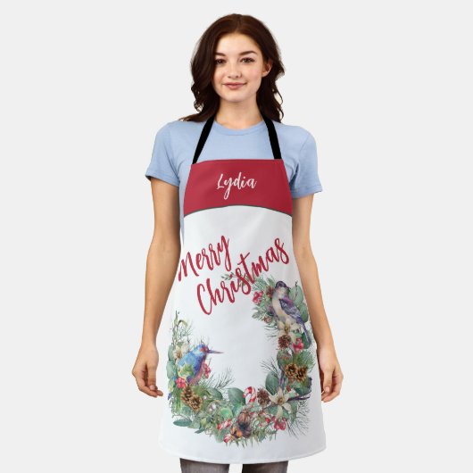 ウッドランド・クリスマス |鳥のリース パーソナライズされた エプロン (着用した状態)