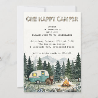 ウッドランド ティール ヴィンテージ キャンピング ファースト バースデー 招待状