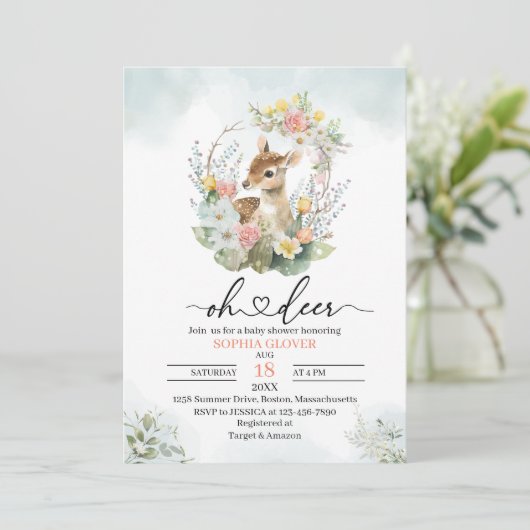 ウッドランド・デアフラワーの緑の水の色のベビーショー 招待状 (スタンド正面)