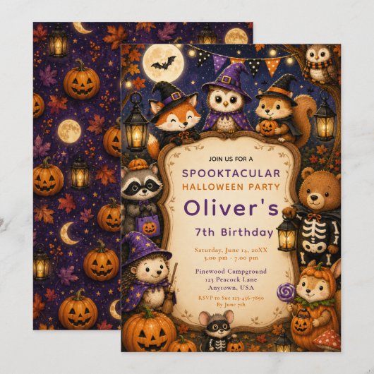 ウッドランド・ハロウィン・バースデーパーティー 招待状 (正面/裏面)