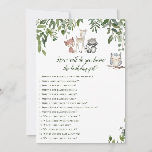 ウッドランド・バースデーゲーム - 誕生日の女の子を知っているのは誰？ 招待状 (正面)
