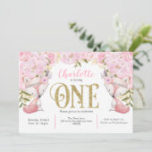 ウッドランド，ピンクフローラ,キツネ，少女， 1歳の誕生日 招待状 (スタンド正面)