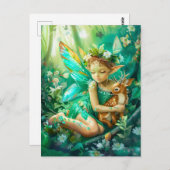 ウッドランド・フェアリーと好奇心に満ちた子鹿 ポストカード (正面/裏面)