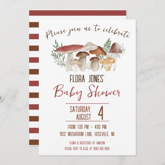 ウッドランド・フェアリー、キノコをテーマにした赤ちゃんシャワー 招待状 (正面/裏面)