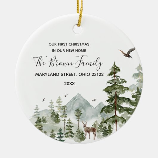 ウッドランド・フォレスト新しい家で私たちの最初のクリスマス セラミックオーナメント (正面)
