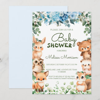 ウッドランド フォレスト アニマル フローラル グリーンベイビーシャワー 招待状