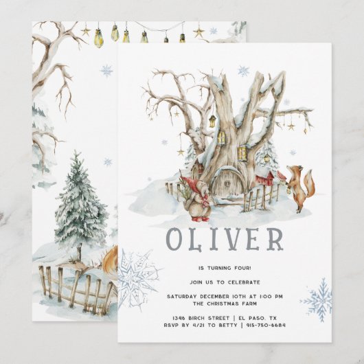 ウッドランド・フォレスト・ウィンター | クリスマス・バースデーパーティー 招待状 (正面/裏面)