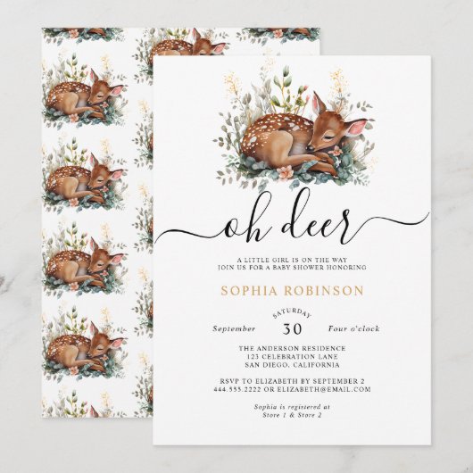 ウッドランド フォレスト オー ディア ベイビー シャワー 招待状 (正面/裏面)