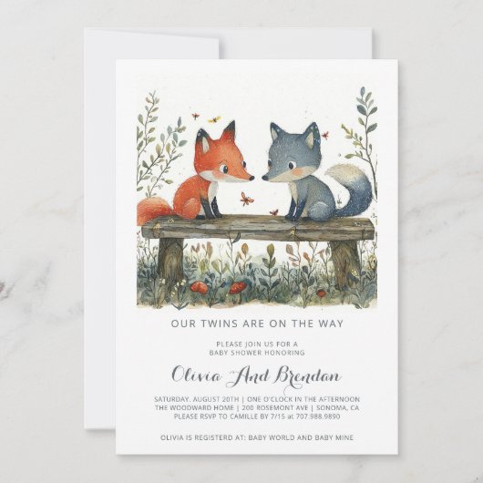 ウッドランド・フォレスト・ツインズ赤ちゃんシャワー 招待状 (正面)
