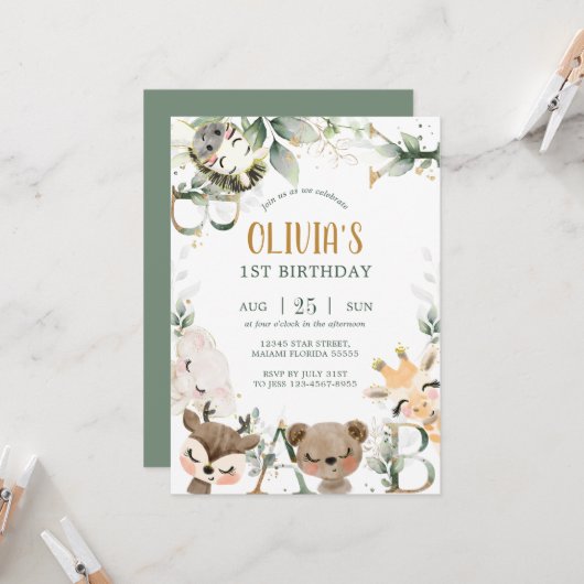 ウッドランド・フォレスト・フレンズの誕生日招待状 招待状 (正面/裏面インサイチュ)