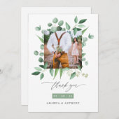 ウッドランド・ユーカリ結婚・グリーンのコラージュ サンキューカード (正面/裏面)
