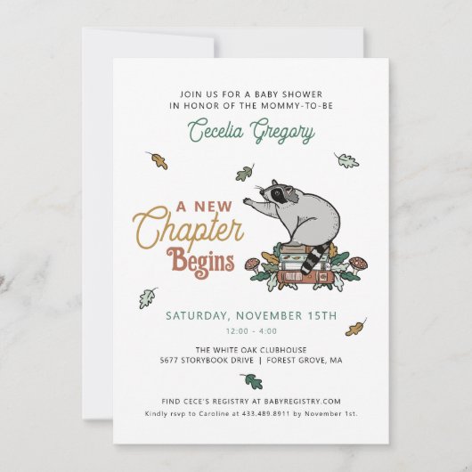 ウッドランド・ラクーン新しいチャプターが赤ちゃんシャワーを開始 招待状 (正面)