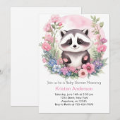 ウッドランド ラクーン ピンク アドベンチャー ガール ベビーシャワー 招待状 (正面/裏面)