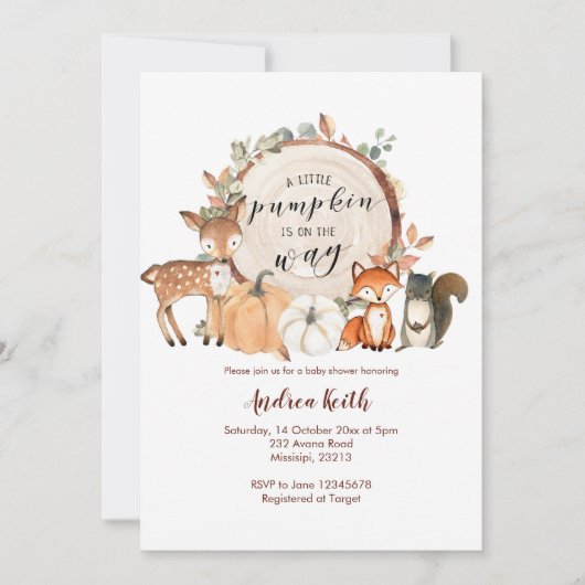 ウッドランド・リトル・カボチャが赤ちゃんシャワーに行く 招待状 (正面)