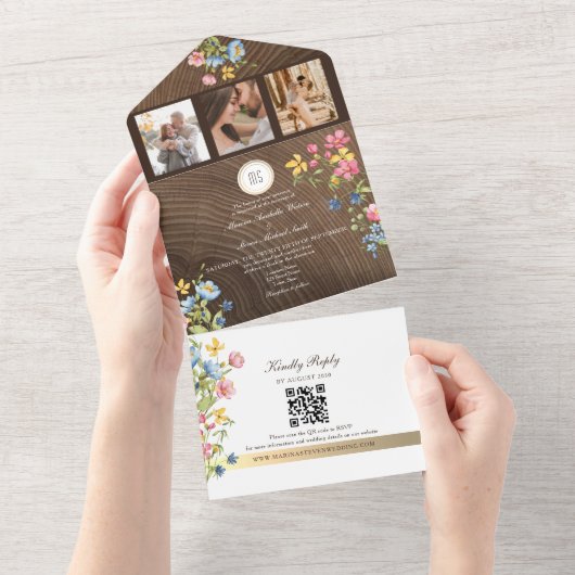 ウッドランド ワイルドフラワー ラスティック ボーホー ウェディング オールインワン招待状 (貼ってはがせる)
