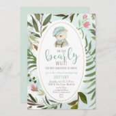 ウッドランド ヴィンテージ グリーンのテディベア ベイビー シャワー 招待状 (正面/裏面)