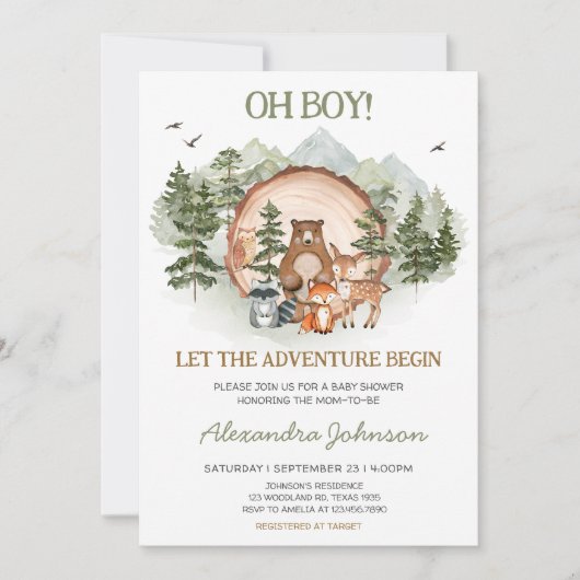ウッドランド、冒険から赤ちゃんシャワーを浴びる 招待状 (正面)