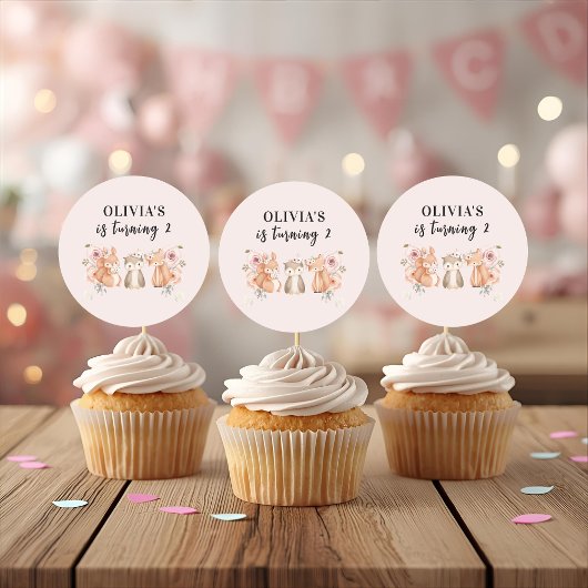 ウッドランド 動物の誕生日 シール | ピンク フラワリー