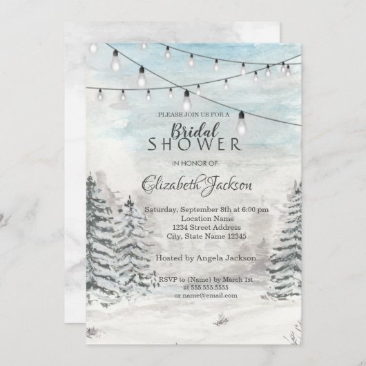 ウッドランド、松の木、ストリングライト、水彩 招待状 (正面/裏面)