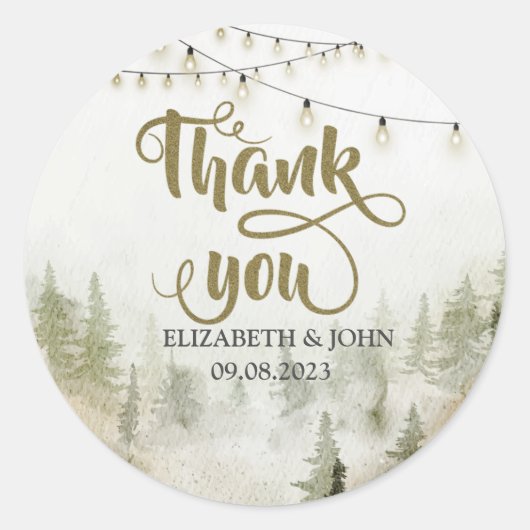 ウッドランド、森、松の木、ストリングライトありがとう ラウンドシール (正面)