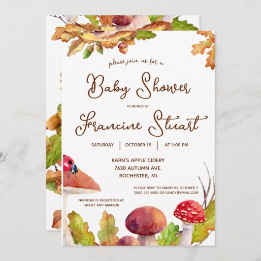 ウッドランド、秋の森、キノコの赤ちゃんシャワー 招待状 (正面/裏面)