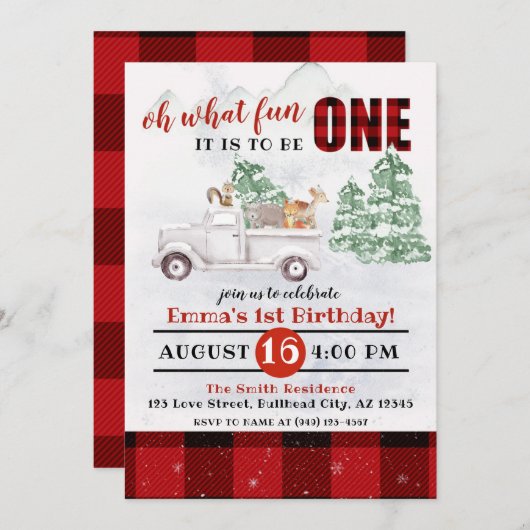 ウッドランド 1歳の誕生日 おめでとう ワンダフル 招待状 (正面/裏面)