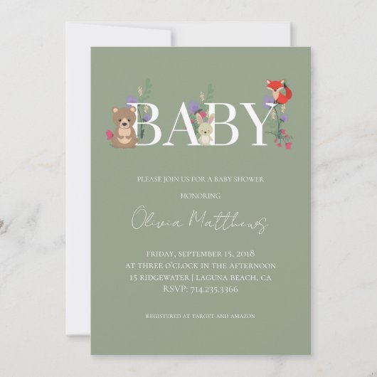 ウッドランド sage 緑のベイビーシャワー 招待状 (正面)