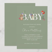 ウッドランド sage 緑のベイビーシャワー 招待状 (正面/裏面)