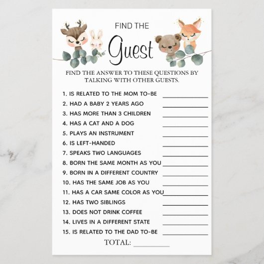 ウッドランドFind the Guest Baby Showerゲームカード チラシ (正面)