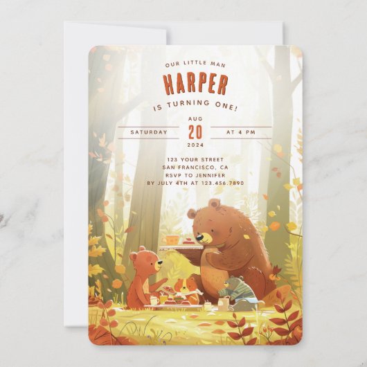 ウッドラ疑問に思ンド – テディベアピクニックファースト誕生日 招待状 (裏面)