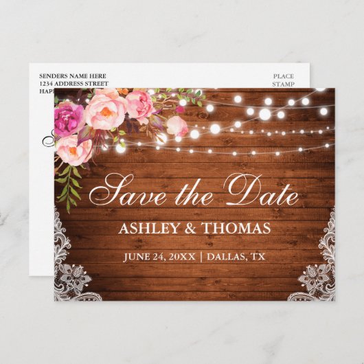 ウッドラ素朴イツレースピンクフローラ日付を保存 案内ポストカード (正面/裏面)