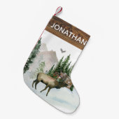 ウッドラ素朴ンドのウォーター・カラー・エルク・イン・フォレストキャビン スモールクリスマスストッキング (正面 (吊り時))