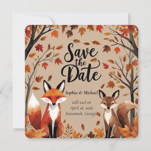 ウッドラ素朴ンドキツネ秋Save the Date 結婚's セーブザデート (正面)
