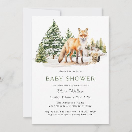 ウッドラ素朴ンドキツネ |冬の森の赤ちゃんシャワー 招待状 (正面)
