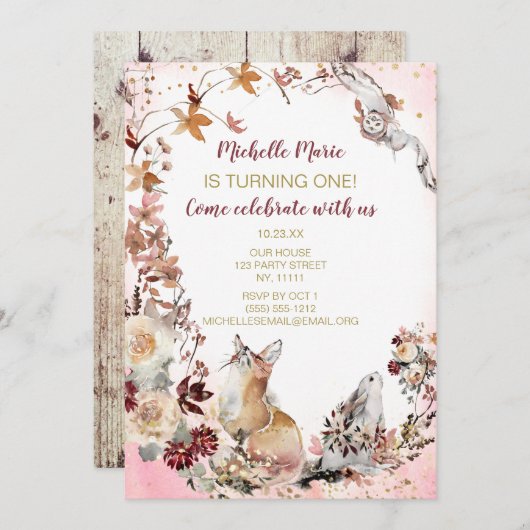 ウッドラ素朴ンドシカフローラファースト誕生日 招待状 (正面/裏面)