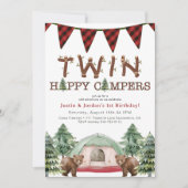 ウッドラ素朴ンドツインズワンハッピーキャンパー誕生日 招待状 (正面)