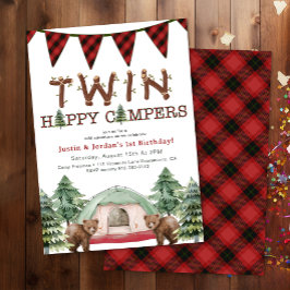 ウッドラ素朴ンドツインズワンハッピーキャンパー誕生日 招待状