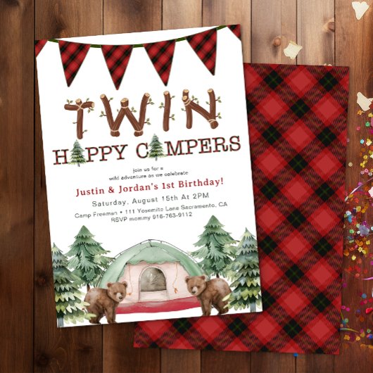 ウッドラ素朴ンドツインズワンハッピーキャンパー誕生日 招待状