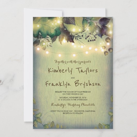 ウッドラ素朴ンドバーンストリングライツ結婚ズ 招待状 (正面)