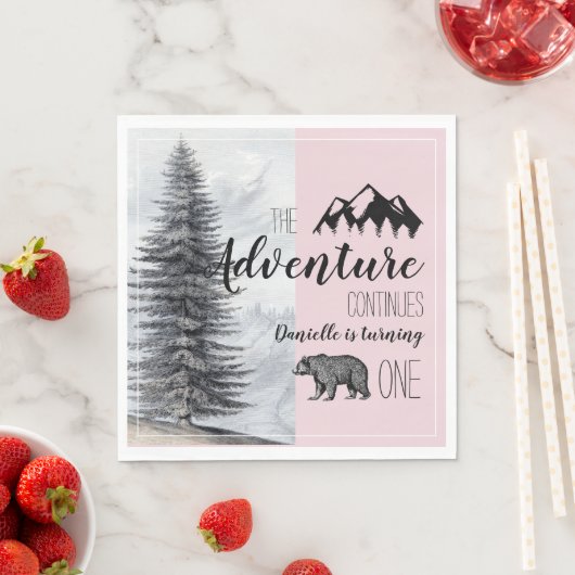 ウッドラ素朴ンドベアーピンクガールファースト誕生日 スタンダードランチョンナプキン (インサイチュ)